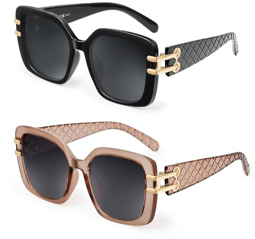 JM 2er Pack Vintage Oversized Square polarisierte Sonnenbrille für Frauen,Retro Luxus Große Sonnenbrille UV400 (Schwarz&Braun)