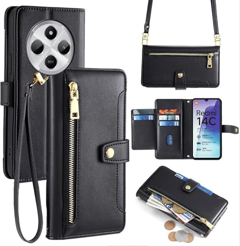 betterfon Handykette kompatibel mit Xiaomi Redmi 14C | Leder Handyhülle mit Kartenfächern | Handyhülle zum Umhängen | Schwarz