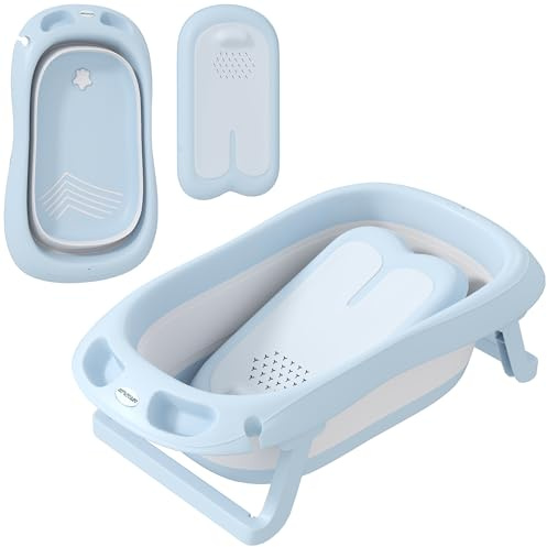 AIYAPLAY Baby Badewanne Faltbare Babybadewanne mit Gestell Abfluss- und Duschlöcher Sitzmatte Tragbare Baby Bathtub rutschfest Babywanne, Badebecken, Duschwanne für Neugeborene 0 bis 24 Monate