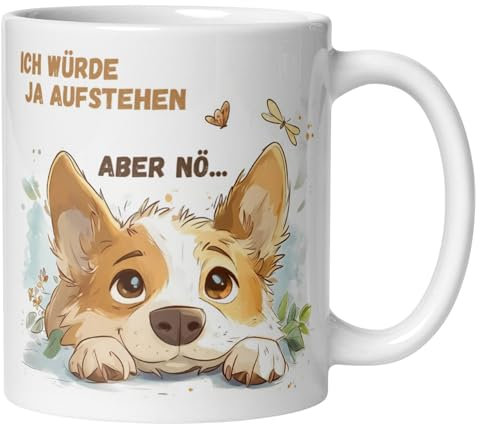 Hund Tasse süß mit Corgi Motiv | Lustige Tier Tasse mit Hund Illustration & Schmetterlingen | Niedlicher Kaffeebecher für Kinder Frauen Männer | Geschenkidee für Hundefans Büro Zuhause Frühstück