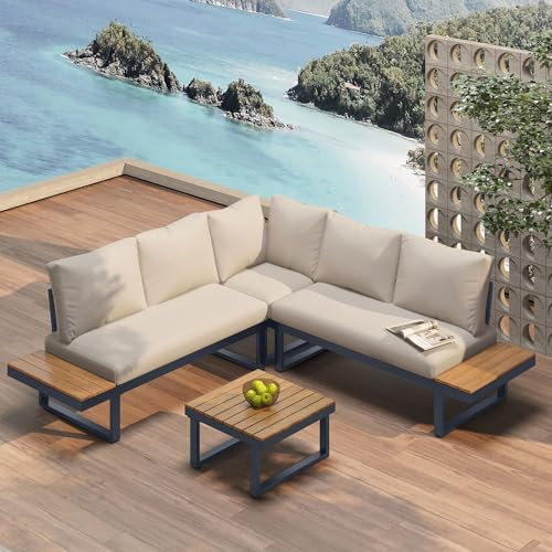 KEYIDE Gartenmöbelset mit Sofa und Couchtisch, Balkonmöbel mit Eckposition und Winkelverstellbarer Liegefunktion, Lounge Möbel Outdoor mit Cushion, Verzinkte Stahlrohre, Beige