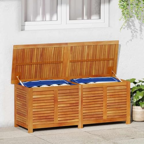 Myheimly Gartenbox mit Lüftungsschlitzen, Gartentruhe mit viel Stauraum, Auflagenbox mit wasserfester Innentasche, Beistelltisch Kissenbox, 150x50x56 cm Massivholz Akazie