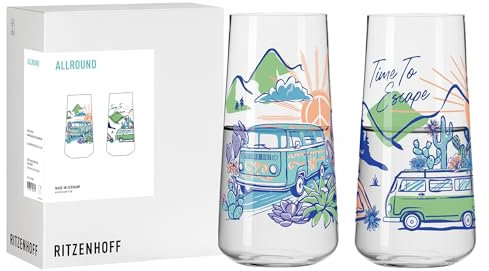 RITZENHOFF 8092002 Allround Trinkglas 2er Set 600 ml, Serie Entdecker, 2 Stück mit Van-Motiv, bunt - Made in Germany