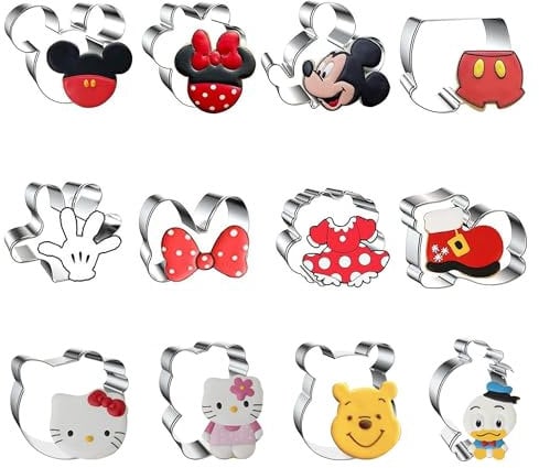 Mouse Kitty Winnie the Pooh Cookie Cutter Sandwich Biscuit Cutters Mickey Cookie Mold for Kids DIY Lunchbox Bento Box Fruit Cutters for Cake Decoration, Pack of 12 (Cartoon Cookie Cutters Set)