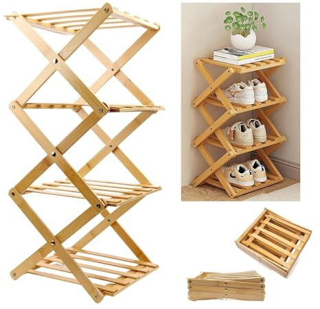 DIYCUT Faltbar Klappregal, 4-Lagig Schuhschrank Klappbar | Schuhständer, Holzfarbe Zusammenklappbar Schuhregal, für Wohnzimmer, Schlafzimmer, Eingang