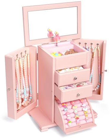Emfogoo Boite a Bijoux Fille, 4 Niveaux Boîte à Bijoux Musicale Fille avec Danseuse en Rotation, Grande Boite a Musique Enfant en Bois pour enfants ans L'anniversaire de Cadeau(Rosa)