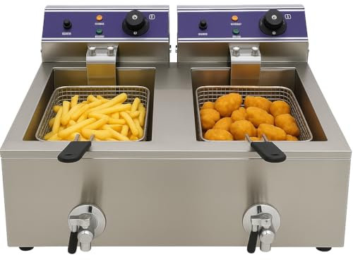 Friteuse Électrique Double 2 x 6L – Inox – Vannes de Vidange – Thermostat 50-200°C – 7,2 kW – Cuves Soudées – Sécurité Renforcée – 220V – Idéale Snack, Restauration Rapide