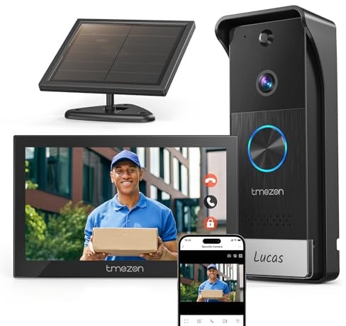TMEZON Videocitofono wifi Senza Fili con Pannello Solare,Schermo Touchscreen a Colori da 7’’, 1080P Campanello Video Esterno, Audio Bidirezionale,WiFi 2,4/5 GHz,Rilevamento PIR,APP Controllo Remoto