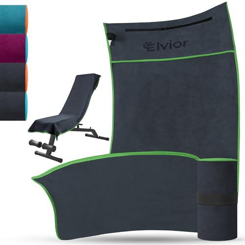 Elvior Fitness Handtuch - 120x50cm Sporthandtuch - rutschfest Gym Handtuch aus Mikrofaser mit Reißverschlusstasche für Fitnessstudio, Yoga und Sport (Dunkelgrau/Grün)