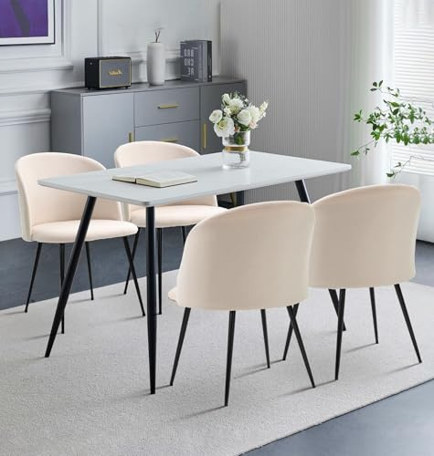 Hallowood Furniture Cullompton 4 Seater Dining Table and Chairs, 120x70cm | Rectangular White Marble Effect Kitchen Table and Curved Back Beige Fabric Chairs, Modern Dining Room Sets for Home and Cafe