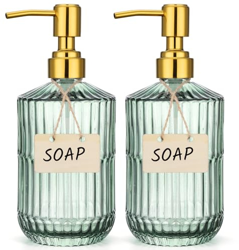 Segbeauty Seifenspender Grün, 2 Stück 450ml Seifenspender Küche aus Glas, Handseifenspender mit Goldene Edelstahlpumpe, für Waschmittel, Shampoo, Lotion