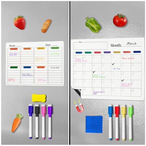 Dry Erase Magnetic Calendar for Refrigerator - 2 Pack, A3 Monthly & A4 Weekly Planner with 8 Markers, Eraser, Cloth, Strong Magnet No Ghosting, Whiteboard for Family Office Classroom Schedule​