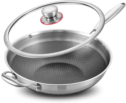 LOLYKITCH Dreischicht-Edelstahl-Wokpfanne 32 cm mit Deckel | Antihaft-Wabenstruktur, für Induktion & alle Herdarten, ofen- und spülmaschinenfest, PFOA-frei, genieteter Griff