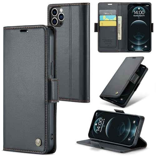 Idhiem Premium Leder Handyhülle Klappbar für iPhone 12 Pro Max, Schwarz | Premium PU Leder, Klappbar Hülle, RFID Blockierung, Magnetverschluss, Kartenfach Standfunktion, Klapphülle Schutzhülle