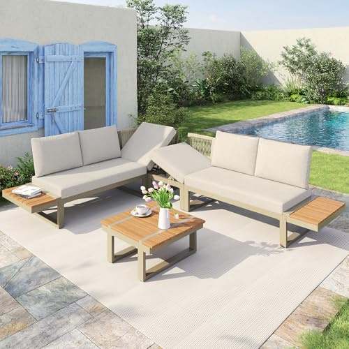 Gartenmöbel-Set, umbaubar 2 Relaxbetten, Eckposition, mit verstellbarer Kippfunktion (5-stufig, bis 55°), verzinktes Stahlrohr, Tischplatte Kunststoff-Holz, mit Couchtisch und Ablageflächen,Beige