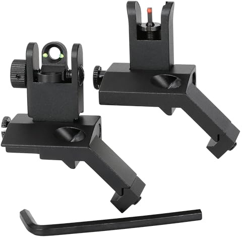45° Offset Flip-Up Visier Set mit Glasfaserpunkten, klappbares Front- und Rückvisier mit roten und grünen Fiber-Optik Punkten, kompatibel mit 20mm Picatinny und Weaver Schienen