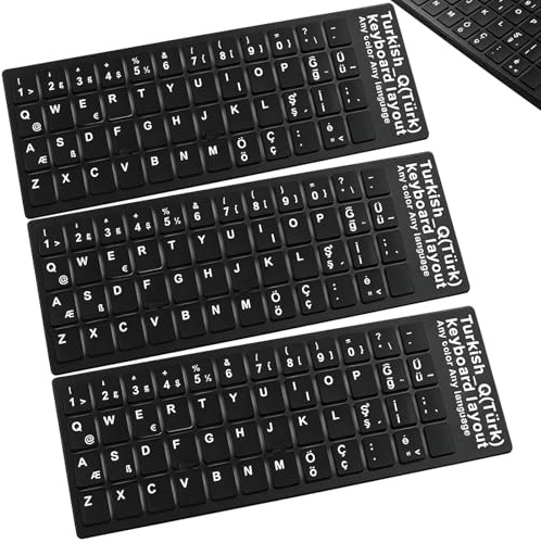 Simsky 3 Stück Türkische Tastaturaufkleber, Tastatur Aufkleber für PC/Laptop & Notebook Tastaturen Schwarz matt mit weißen Buchstaben Computer Laptop Tastatur Ersatztastaturaufkleber