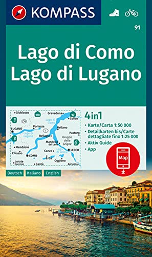 KOMPASS Wanderkarte 91 Lago di Como, Lago di Lugano 1:50.000: 4in1 Wanderkarte, mit Aktiv Guide und Detailkarten inklusive Karte zur offline Verwendung in der KOMPASS-App. Fahrradfahren.