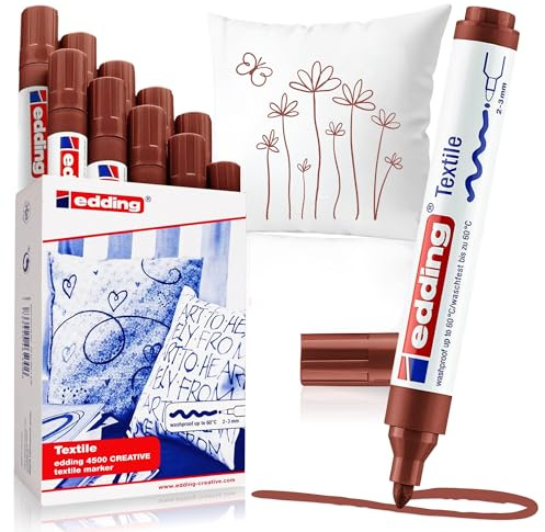 edding 4500 textile marker - brown - box of 10 - round nib 2-3 mm - permanent fabric markers for drawing on textiles, wash-resistant up to 60 °C - marker pens for fabric lettering
