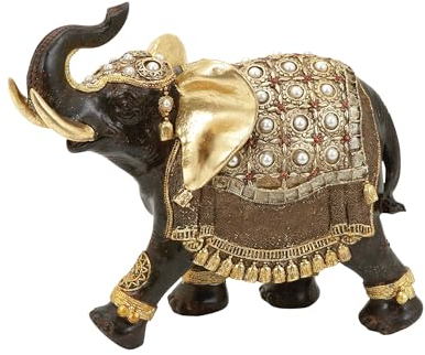 Deco 79 Skulptur aus Polystein Polystone Elefant 22,9 cm H – 69476, Gold, Weiß, Braun, 9 H