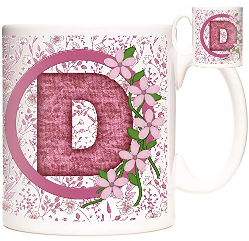 Letter D Gift Mug, Monogram Initial D Mug, Alphabet Letter D Mug, Pink Flower Design Mug, Letter D Gift. White Ceramic Mug 11oz Capacity