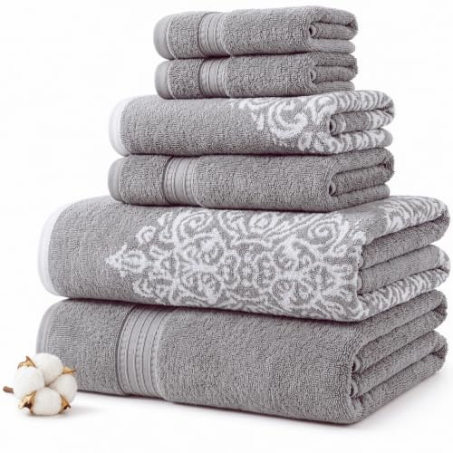 Modern Threads Amrapur Overseas | Artesia Damask 6 Piece Reversible Yarn Dyed Jacquard Towel Set (Grey) | Highly Absorbent, Soft & Plush, Quick-Drying, 550 GSM, Color-Rich Yarn-Dyed Design, OEKO-TEX Certified