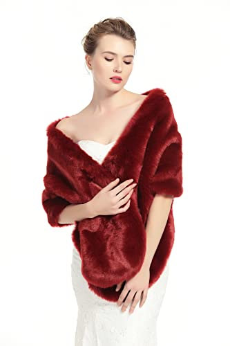 BEAUTELICATE Kunstpelz Schal Stola Bolero Pelz Damen Für Frauen Hochzeit Braut Abend Brautschal Brautstola, Winerot, Einheitsgröße