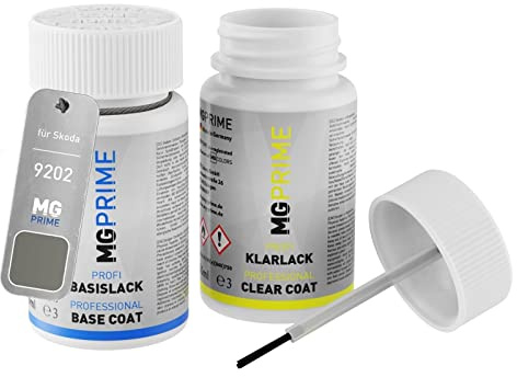 MG PRIME Autolack Lackstift für Skoda 9202 / 4K Cappuccino Beige Metal. +1K | Cappuccino Beige Metallic, Set aus Basislack + Klarlack, Lackfläschchen mit Pinsel, je 50ml
