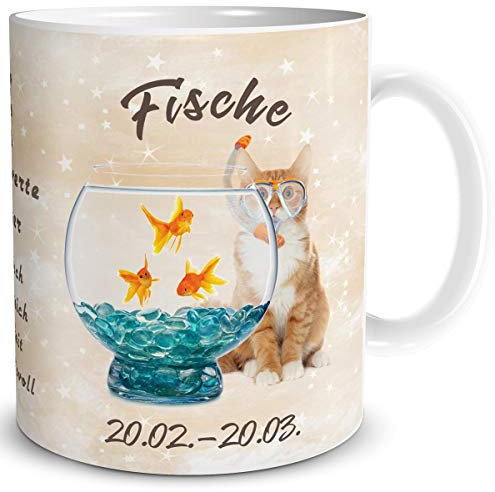 TRIOSK Tasse Katze lustig mit Spruch Sternzeichen Fische Katzenmotiv Horoskop Geschenk für Katzenliebhaber Geburtstag Frauen Freundin