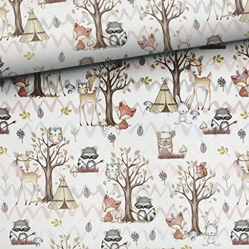 Meterware, Stoffe für Kinder zum Nähen, 100% Baumwolle: 0,5m Premium Baumwollstoff mit Waldtiere - Tiere im Wald wie Rehe Füchse Waschbären Eulen Hasen mit Zelte - Jungen und Mädchen Kinderstoff