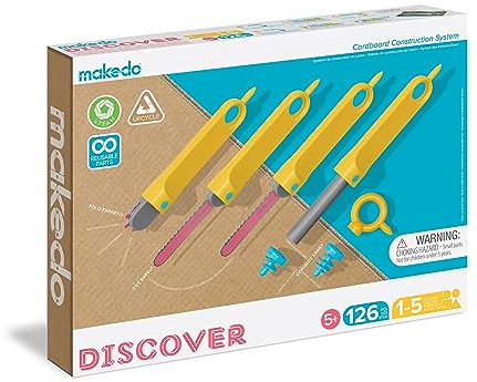 Makedo - Konstruktionsspielzeuge für Pappe, Kinderspiele ab 5, Mint-Lernspielzeug, perfekt für das kreative Spielen zu Hause - 126-teiliger Werkzeugsatz - Discover Packung