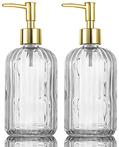 Lot de 2 distributeurs de Savon Polyvalents en Verre avec Pompe, 500 ML en Acier Inoxydable, Rechargeables, pour Salle de Bain, comptoir, Cuisine, buanderie