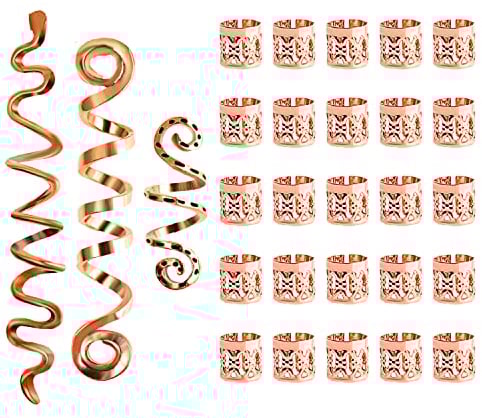 28 Pieces Hair Beads for Braids, Rose Gold Hair Jewelry Rings for Braids, Hair Cuffs Loc Hair Accessories for Women, Hair Beads Clips Spiral Coils Dreadlocks Beads for Braiding