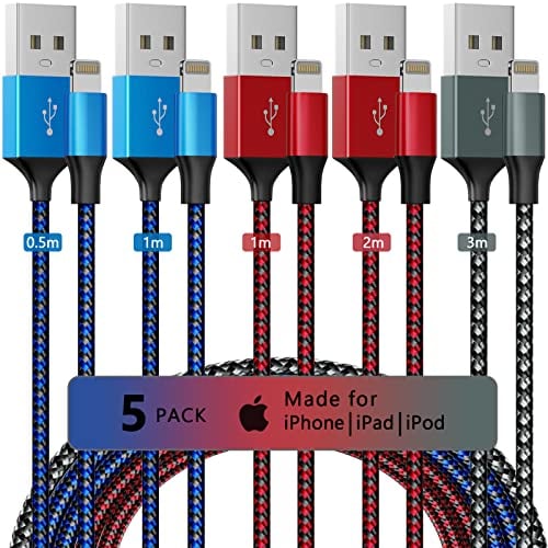 MAIMEITE iPhone Charger Cable, Lightning Cable MFi Certified 5 Pack 0.5m/1m/1m/2m/3m Fast Charging Braided Long USB for 14 13 12 11 Pro Max Xr X 8 7 6 Plus