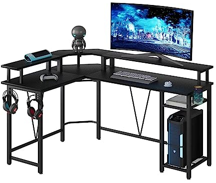TREETALK Computer desk, L-shaped Gaming Desk with Extra-Large Monitor Stand,Corner Desk with 2-Layer Storage Shelf Hooks and Cup Holder Writing Table for Office Home (Black Carbon Fiber)