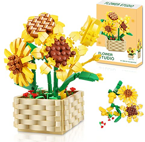 HIGH GODO Sonnenblume Pflanzen Bausatz 550 Teil, Blumen Bonsai Bausteine Set, Home Büro Deko, Geburtstag Feiertag Geschenke für Frauen Erwachsene Männer