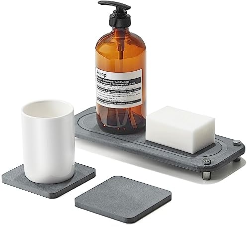 Epzia Spülbecken Organizer aus Stein, Küchen Organizer für Spüle, Badezimmer mit Untersetzer – Wasserabsorbierende Schnell Trockenmatte für die Küchentheke, Küchenorganizer und Schwammhalter Küche