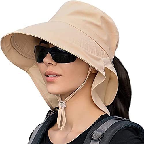 MAKFORT Sonnenhut Damen Outdoor Sommer Breiter Krempe UV Schutz Hut wasserabweisend mit großem Nackenschutz Pferdeschwanz Strandhut