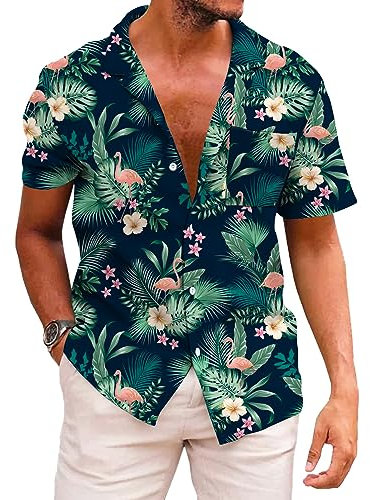 KYKU Chemise hawaïenne d'été boutonnée à Manches Courtes pour Homme Motif Tropical, Vert Flamant Rose, Taille 3XL