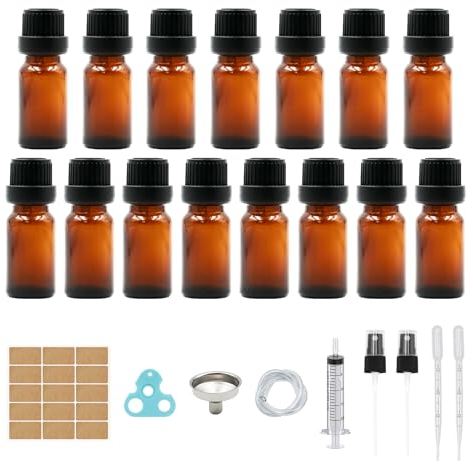 10 ml - 15 Pieces Brown Glass Bottle, Dropper Bottle Made of Glass, Amber Glass Bottle, Apothecary Bottle Set Including Small Glass Bottles, Dropper Insert, Stopper, Funnel, Syringe, Label Aid (Brown,