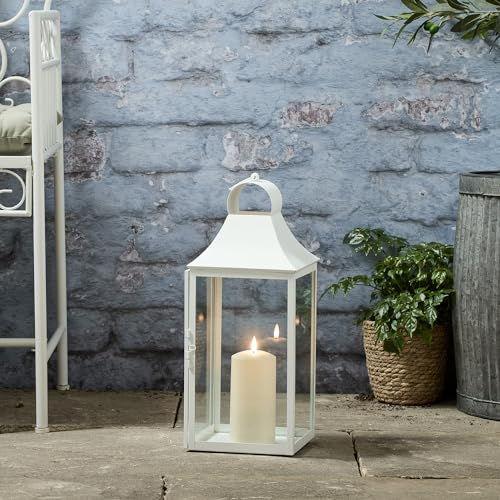 Lights4fun 45cm Laterne Weiß Metall mit TruGlow® LED Kerze mit Timer Gartenlaterne für draußen