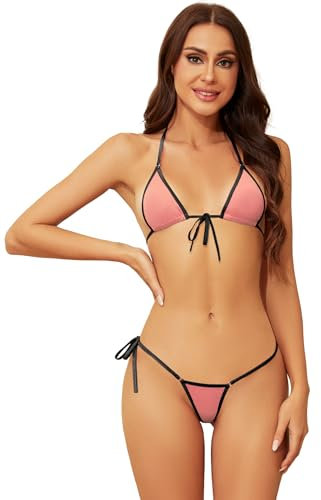 Dadress Ensemble de Micro Bikini Sexy extrême pour Femme avec String à Nouer sur Les côtés, B-Rose, Taille Unique
