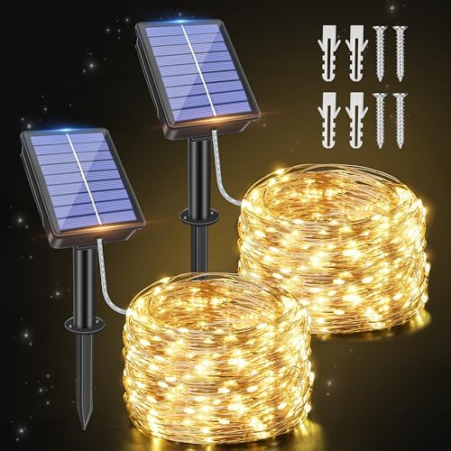 Ollny Solar Lichterkette aussen, 2x10M 100 LED lichterkette außen, 8 Modi IP65 wasserdicht Kupferdraht Lichterkette outdoor für Garten Balkon Terrasse Baum Hof Party (Warmweiß)