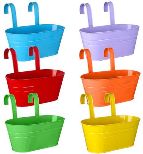 Beautywen 6Pack Metal Hanging Flower Pots Double-hook Hanging Buckets Flower Pots Planters Metal Iron Pots Fence Planters Metal Iron Hanging Flower Pot for Fence Balcony Garden
