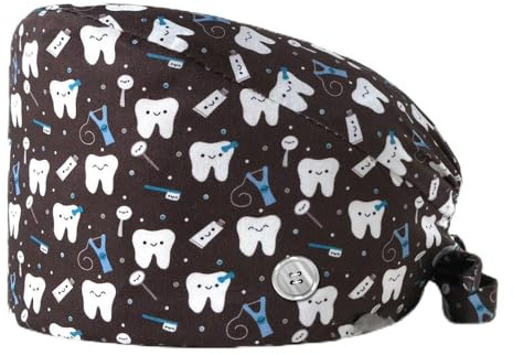 2 Stück Zähne Bedruckte Scrubs Mütze mit Knöpfen Verstellbare Baumwoll Scrub Cap Bouffant Mütze Frauen Scrubs Hüte Unisex Stillkopfbedeckung