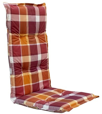 Spetebo Pflegeleichtes Polster für Hochlehner - Karo - Gartenstuhl Auflage rot orange mit Haltegurt - Sitzkissen Stuhlauflage (Modell 25)