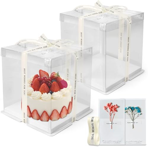 LONHCHI 2 Stück Tortenschachtel (21.5x21.5x24cm) Tortenkarton Tortenbox Cake Box Transparent Torten Transportboxen Geschenkbox Durchsichtig mit Sockel Band und ewige Blumen für Geburtstag Dessert