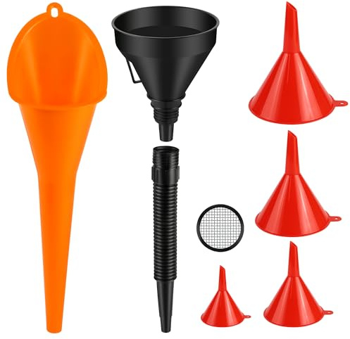 TYSM-CC 6 Stück Einfülltrichter Set, Kunststoff-Öltrichter mit langem Hals, mit Schlauch & Sieb, Universal Auto Benzin Kraftstoff Trichter Set für KFZ, Auto, Werkstatt & Haushalt