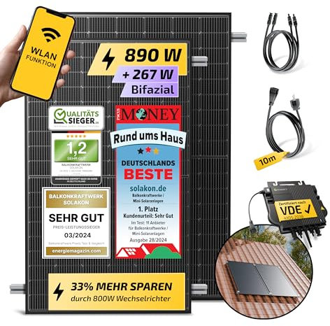 Solakon 900W Balkonkraftwerk mit Halterung (Ziegeldach, Paarmontage) - 800W komplett Steckdose - 800 Watt Wechselrichter - Solaranlage Komplettset - 450W bifaziale Solarmodule inkl Zubehör - 10m Kabel