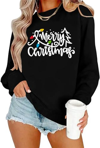 hohololo Weihnachts Sweatshirt Damen Weihnachtspullover Merry Christmas Licht Pullover (Schwarz2,XL)
